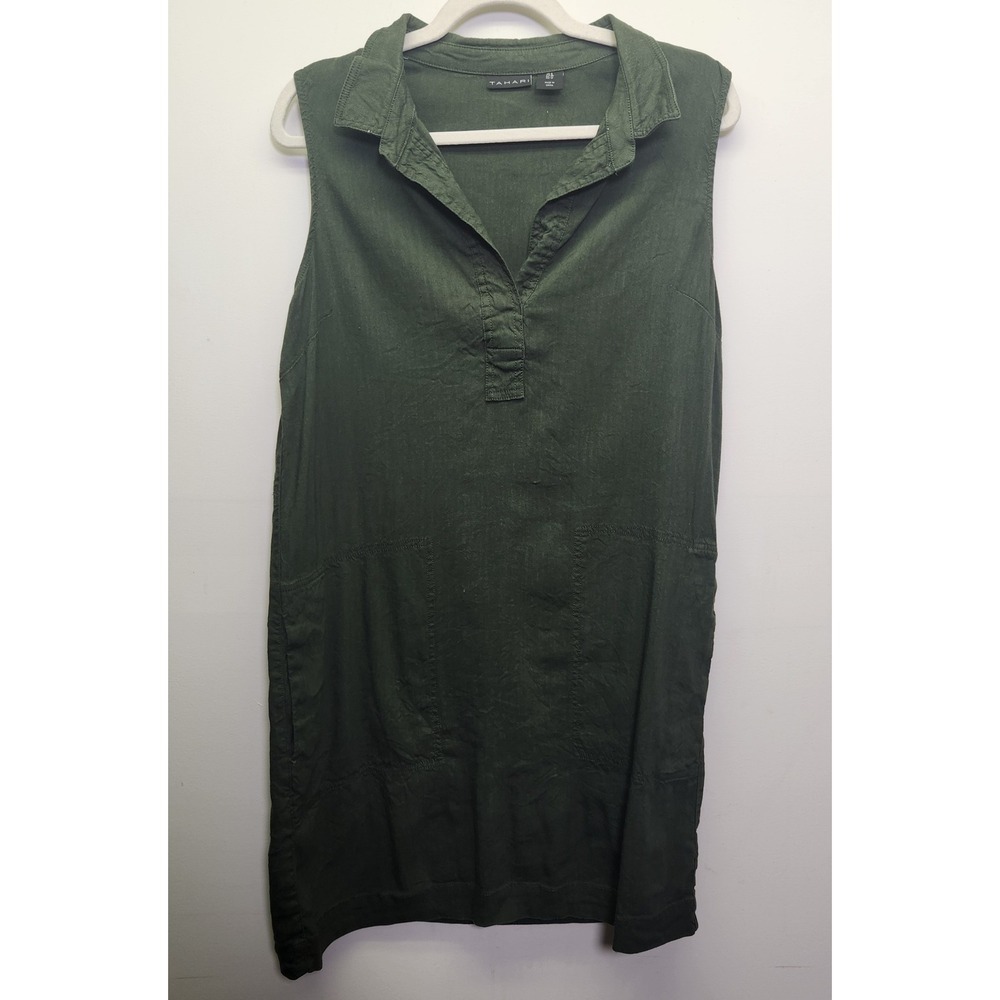 Tahari Linen Viscose Blend Shift Dress Sz 8 V-Neck Sleeveless Collared Pockets